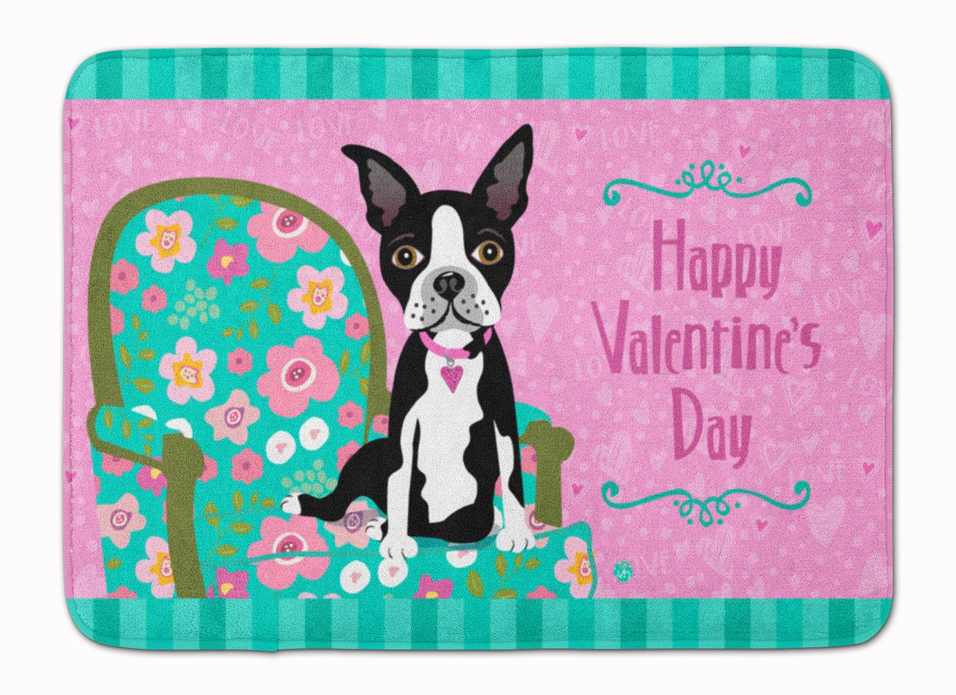 Happy Valentine's Day Boston Terrier Memory Foam Kitchen Mat Machine Washable Anti-Fatigue Cushion Comfort Bath or Kitchen Rug