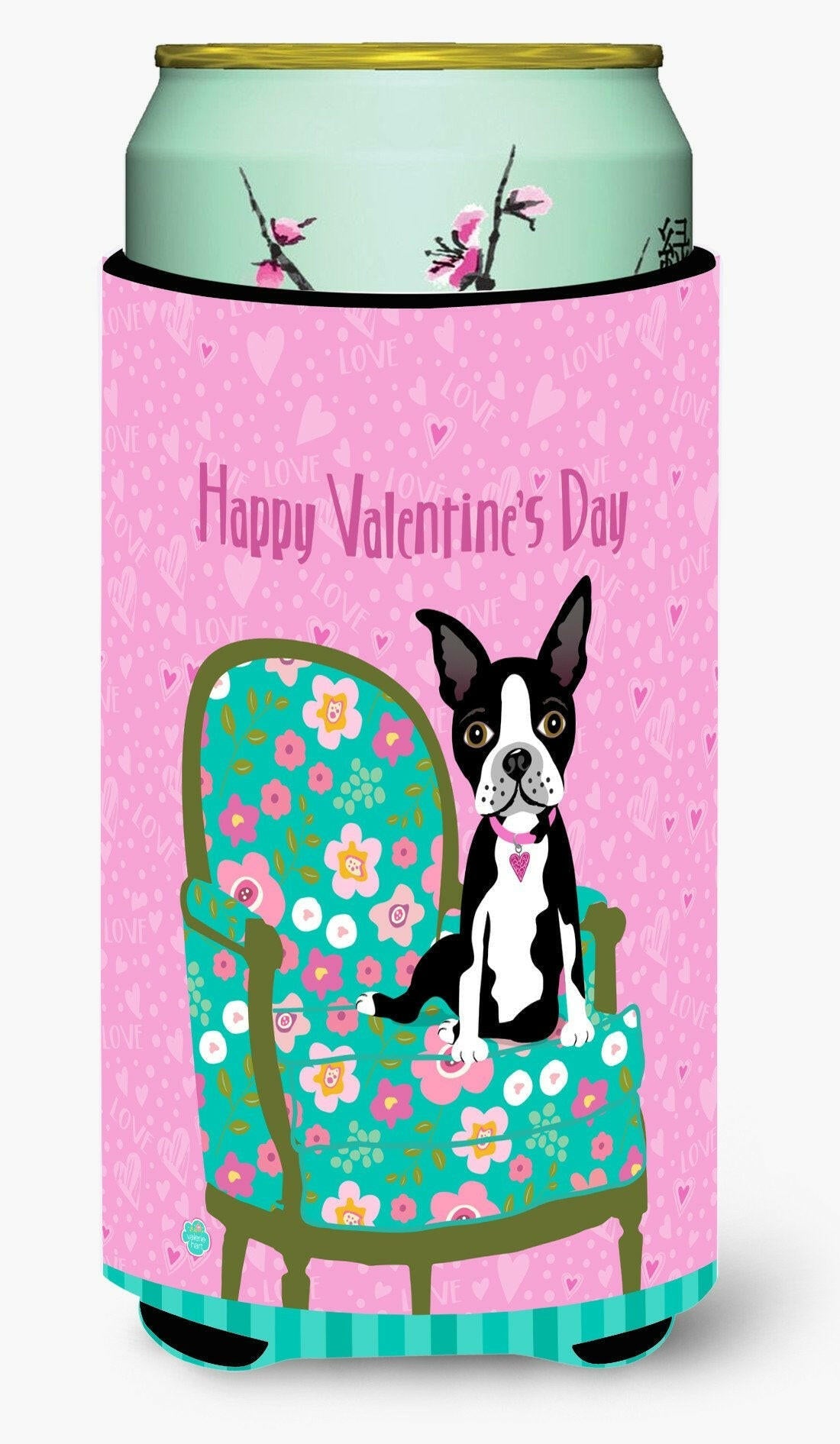 Happy Valentine's Day Boston Terrier Tall Boy Hugger Can Cooler Sleeve Machine Washable Drink Collapsible Insulator Beverage Insulated Holder