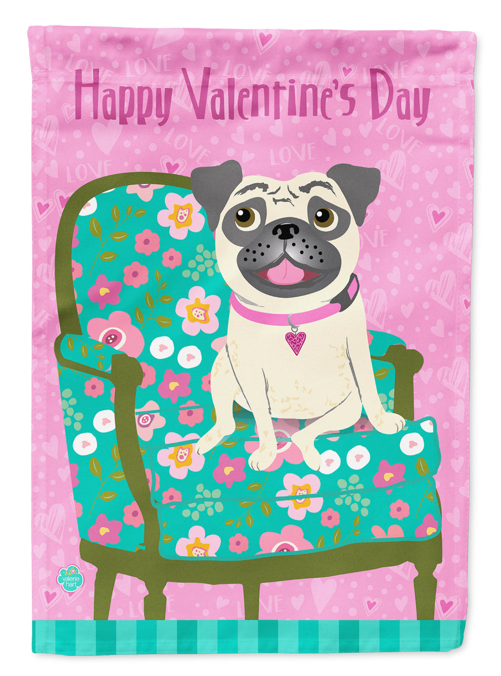 Happy Valentine's Day Pug House Flag 28x40 Porch Sleeve Pole Decorative Outside Yard Banner Artwork Wall Hanging, Polyester