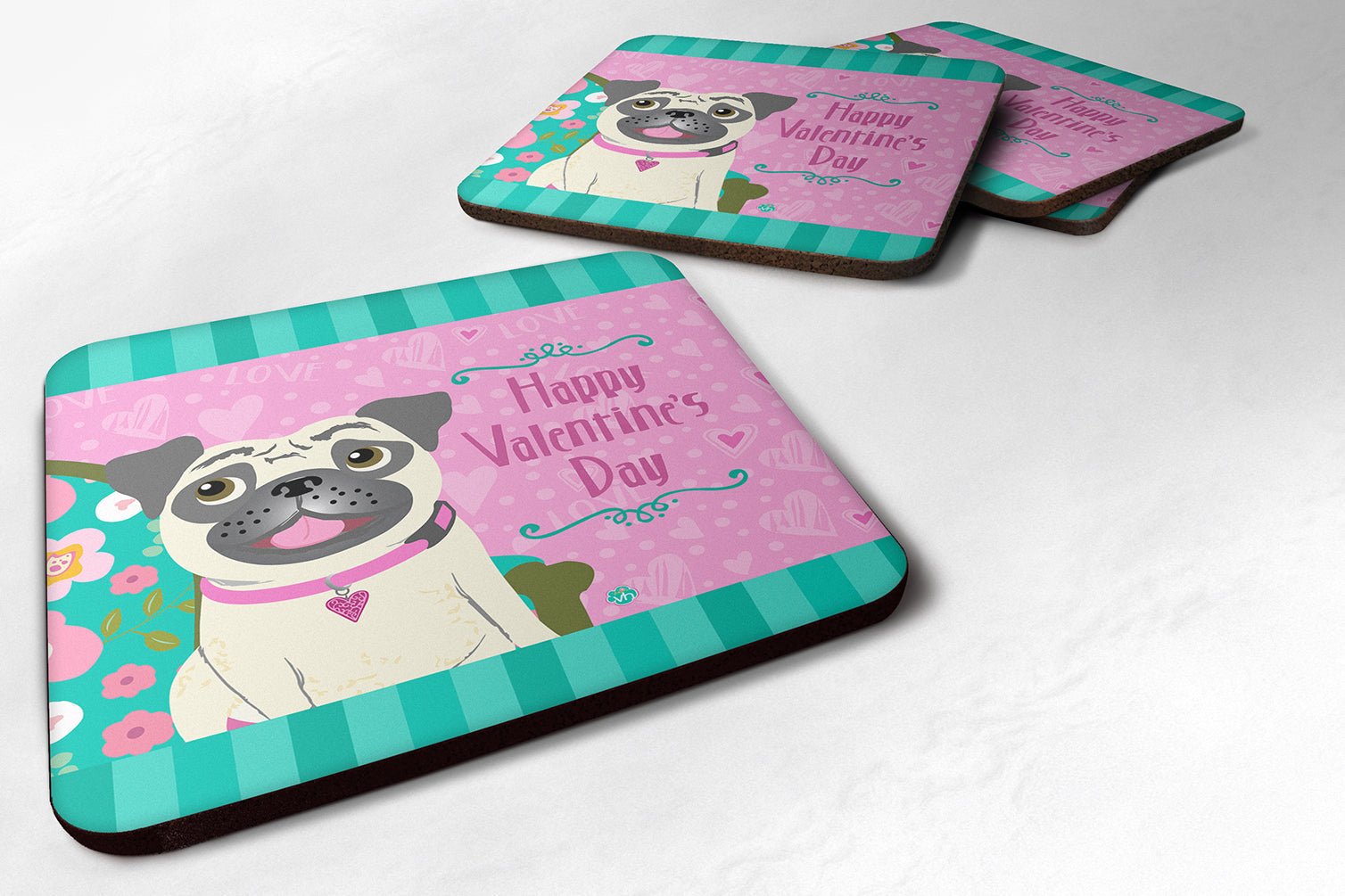 Happy Valentine's Day Pug Foam Coasters Set of 4 Cup Coasters for Indoor Outdoor, Tabletop Protection, Anti Slip, Mouse pad Material