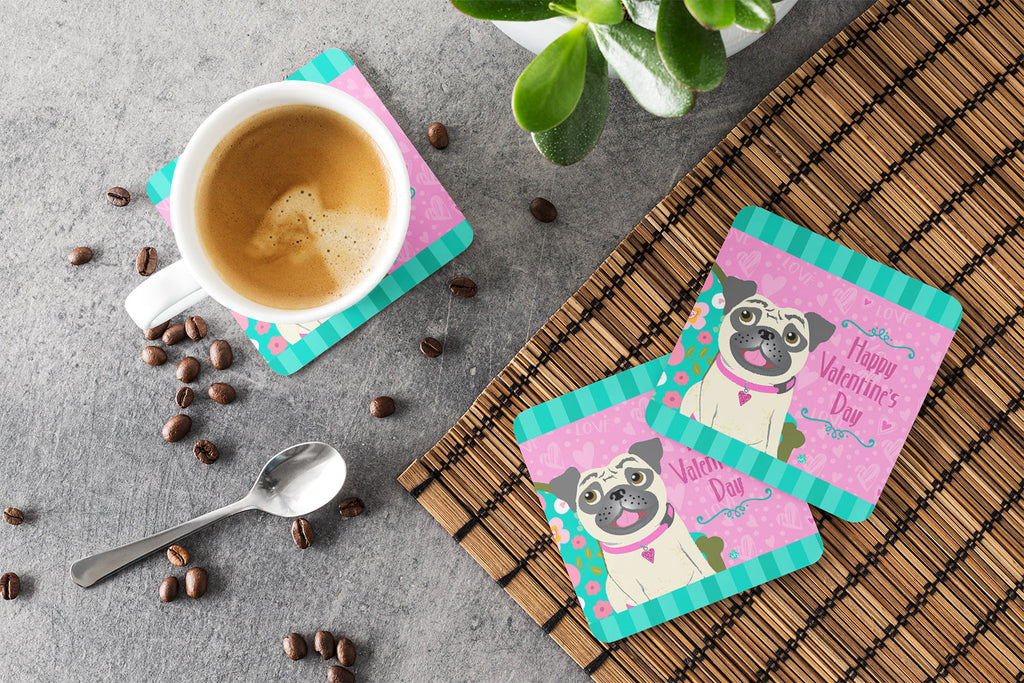 Happy Valentine's Day Pug Foam Coasters Set of 4 Cup Coasters for Indoor Outdoor, Tabletop Protection, Anti Slip, Mouse pad Material