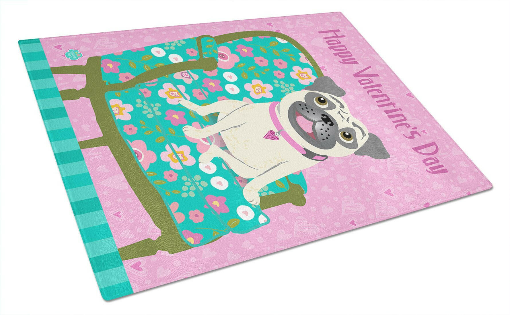 Happy Valentine's Day Pug Cutting Board Tempered Glass Kitchen Cutting Surface, Heat Resistant Chopping, Non-Slip Feet, Food Prep & Serving