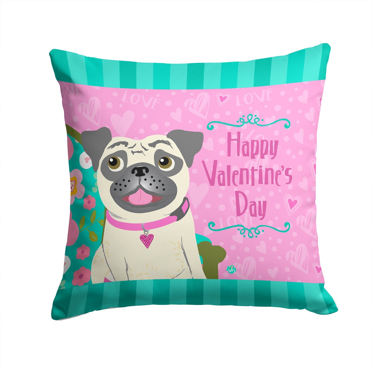 Happy Valentine's Day Pug Decorative Throw Pillow 14x14 Indoor Outdoor Accent Cushion, Fabric Cover with Insert for Sofa, Bed, Porch & Living Room
