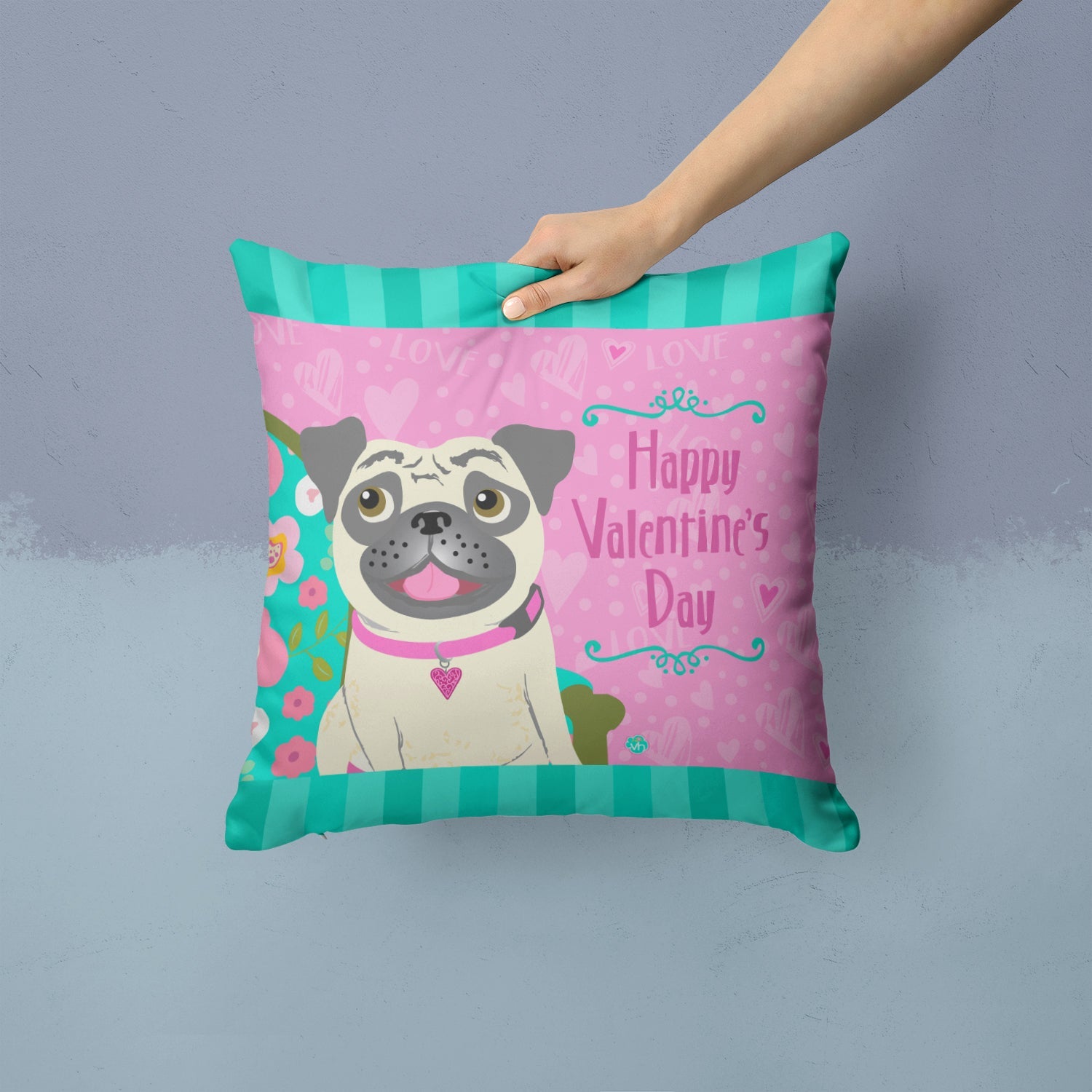 Happy Valentine's Day Pug Decorative Throw Pillow 14x14 Indoor Outdoor Accent Cushion, Fabric Cover with Insert for Sofa, Bed, Porch & Living Room