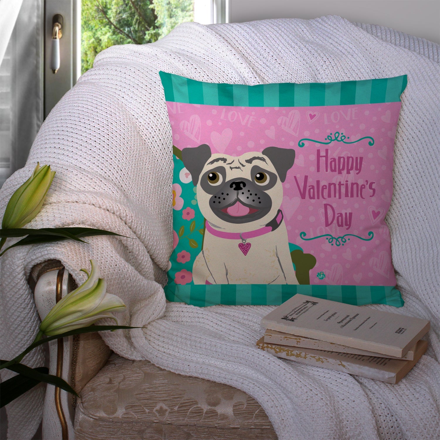 Happy Valentine's Day Pug Decorative Throw Pillow 14x14 Indoor Outdoor Accent Cushion, Fabric Cover with Insert for Sofa, Bed, Porch & Living Room