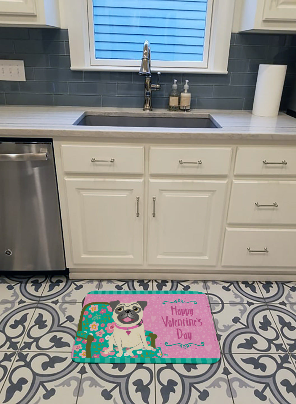 Happy Valentine's Day Pug Memory Foam Kitchen Mat Machine Washable Anti-Fatigue Cushion Comfort Bath or Kitchen Rug