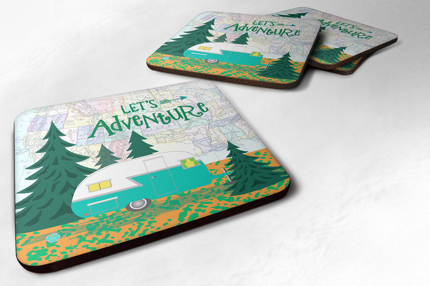 Let's Adventure Glamping Trailer Foam Coasters Set of 4 Cup Coasters for Indoor Outdoor, Tabletop Protection, Anti Slip, Mouse pad Material