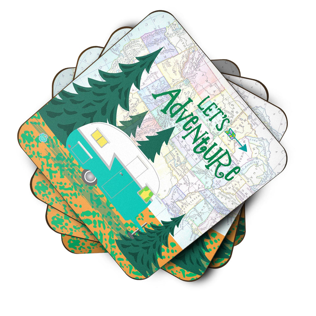 Let's Adventure Glamping Trailer Foam Coasters Set of 4 Cup Coasters for Indoor Outdoor, Tabletop Protection, Anti Slip, Mouse pad Material