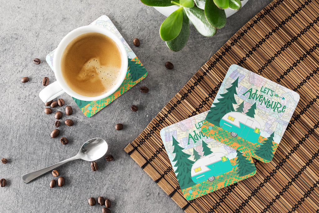 Let's Adventure Glamping Trailer Foam Coasters Set of 4 Cup Coasters for Indoor Outdoor, Tabletop Protection, Anti Slip, Mouse pad Material