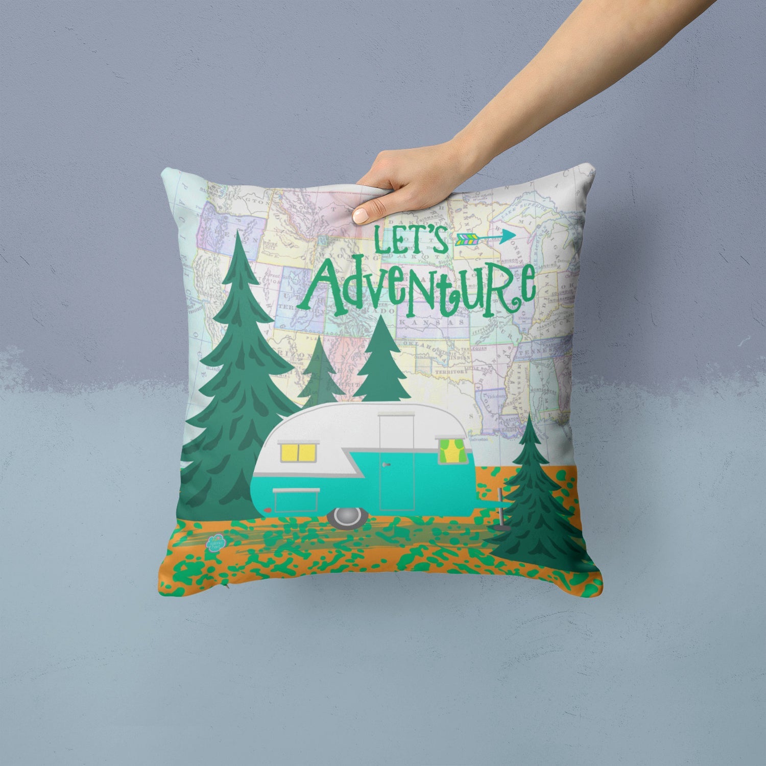 Let's Adventure Glamping Trailer Decorative Throw Pillow 14x14 Indoor Outdoor Accent Cushion, Fabric Cover with Insert for Sofa, Bed, Porch & Living Room
