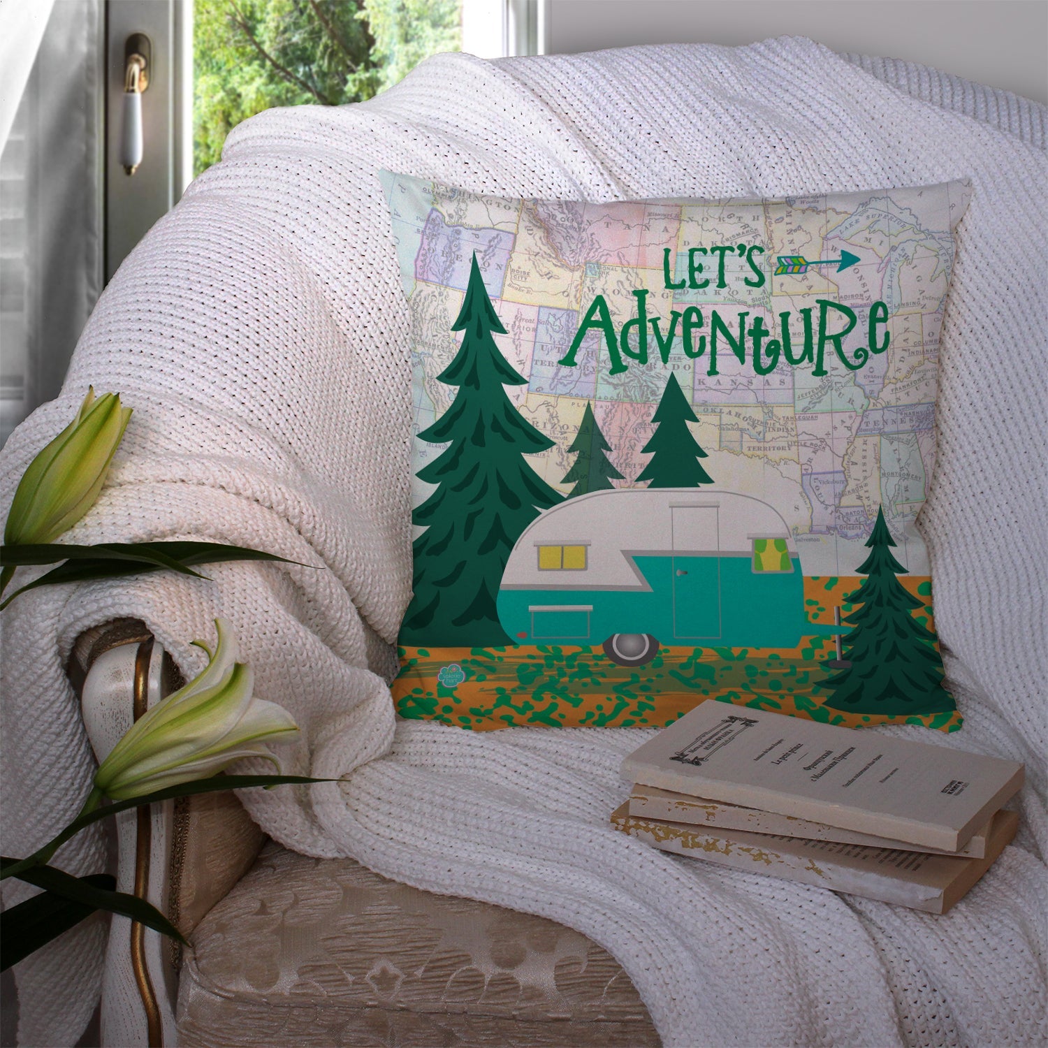 Let's Adventure Glamping Trailer Decorative Throw Pillow 14x14 Indoor Outdoor Accent Cushion, Fabric Cover with Insert for Sofa, Bed, Porch & Living Room