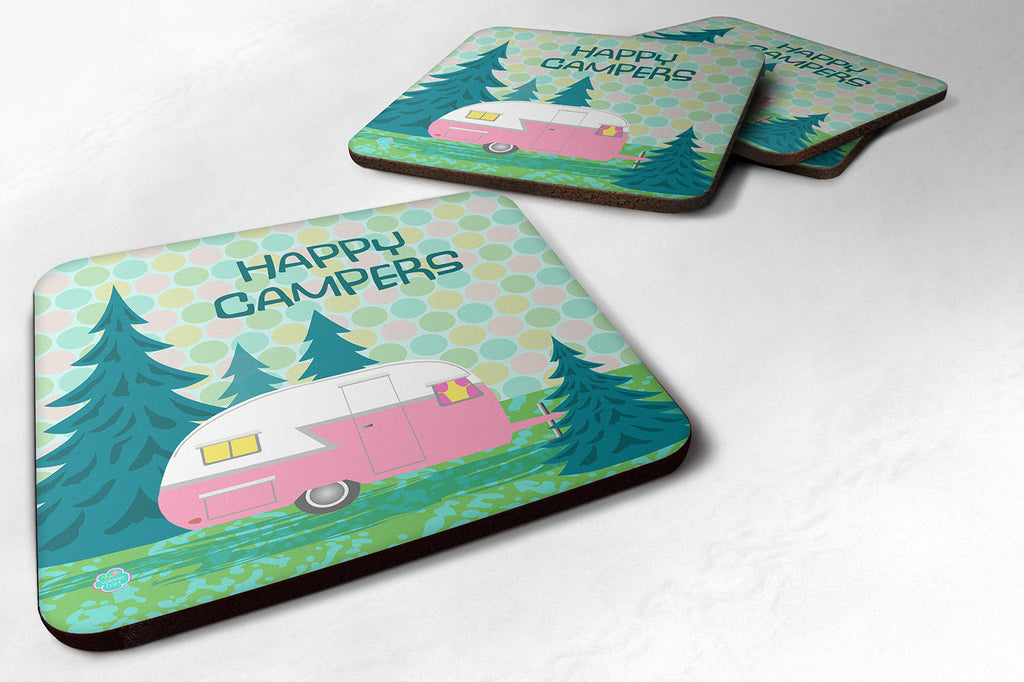 Happy Campers Glamping Trailer Foam Coasters Set of 4 Cup Coasters for Indoor Outdoor, Tabletop Protection, Anti Slip, Mouse pad Material