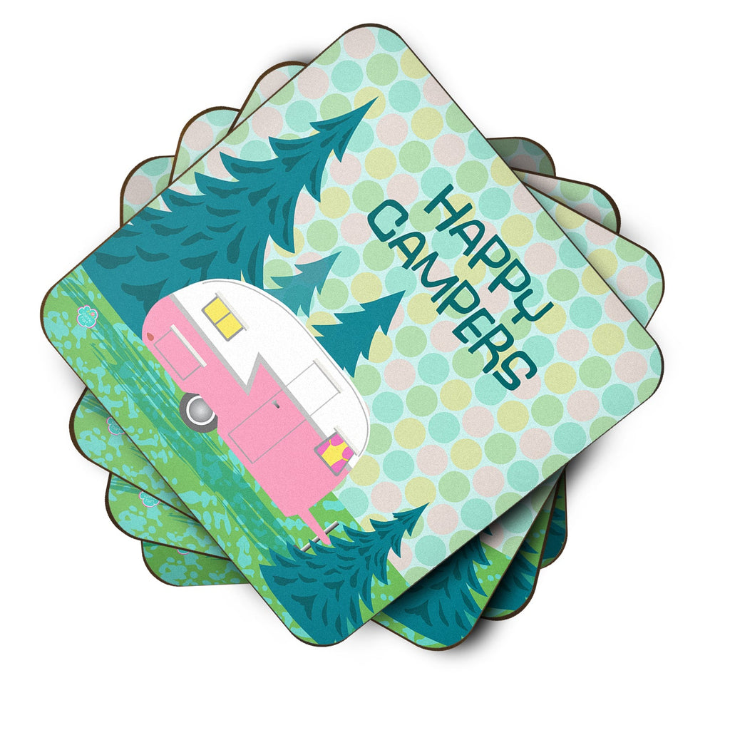 Happy Campers Glamping Trailer Foam Coasters Set of 4 Cup Coasters for Indoor Outdoor, Tabletop Protection, Anti Slip, Mouse pad Material