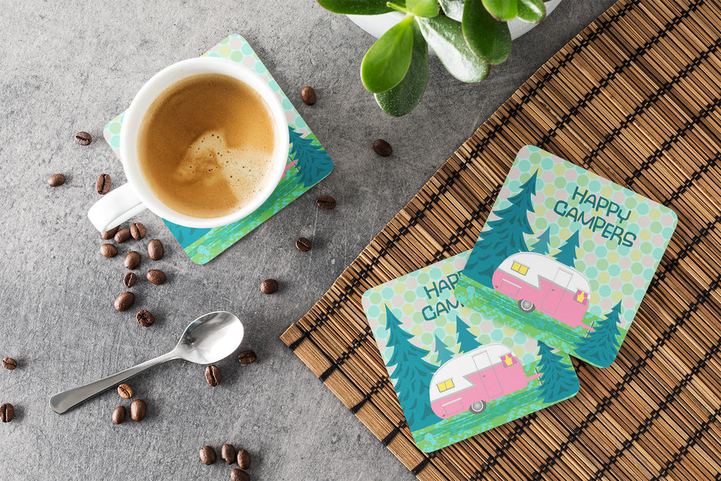 Happy Campers Glamping Trailer Foam Coasters Set of 4 Cup Coasters for Indoor Outdoor, Tabletop Protection, Anti Slip, Mouse pad Material