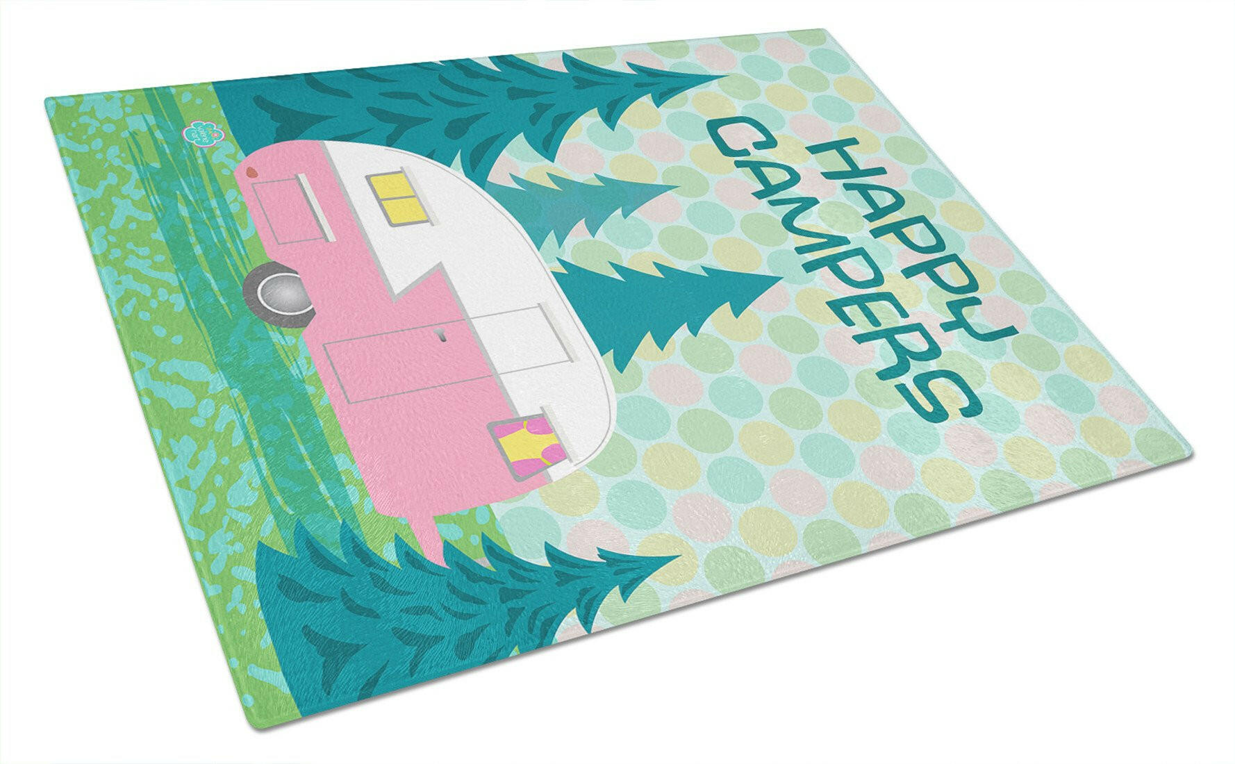 Happy Campers Glamping Trailer Cutting Board Tempered Glass Kitchen Cutting Surface, Heat Resistant Chopping, Non-Slip Feet, Food Prep & Serving