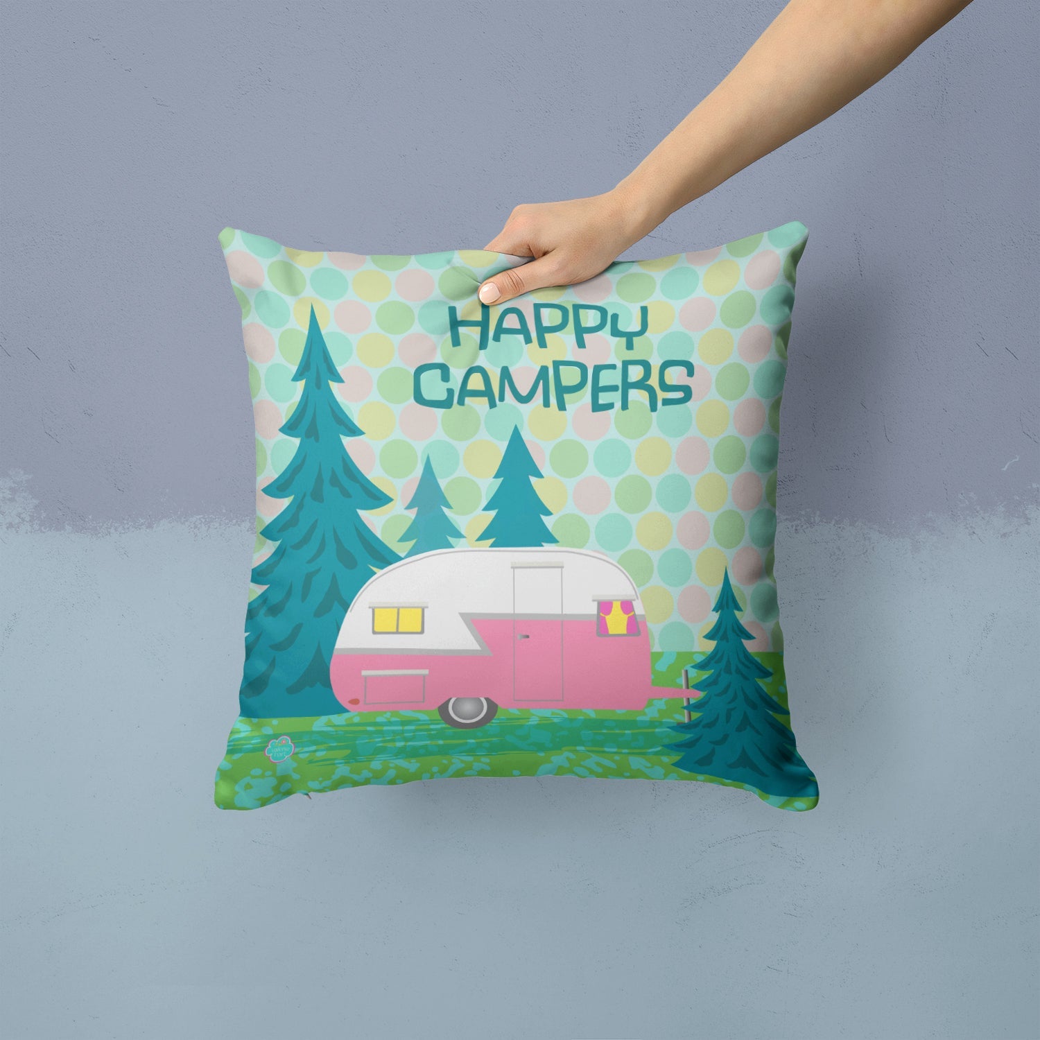 Happy Campers Glamping Trailer Decorative Throw Pillow 14x14 Indoor Outdoor Accent Cushion, Fabric Cover with Insert for Sofa, Bed, Porch & Living Room
