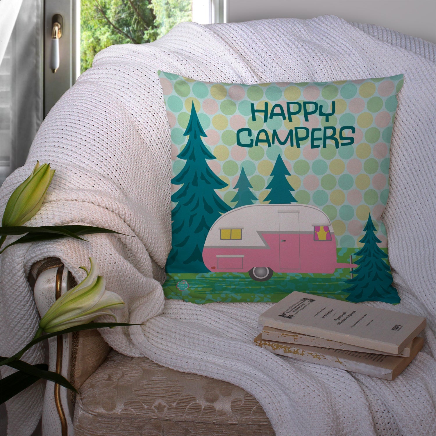 Happy Campers Glamping Trailer Decorative Throw Pillow 14x14 Indoor Outdoor Accent Cushion, Fabric Cover with Insert for Sofa, Bed, Porch & Living Room