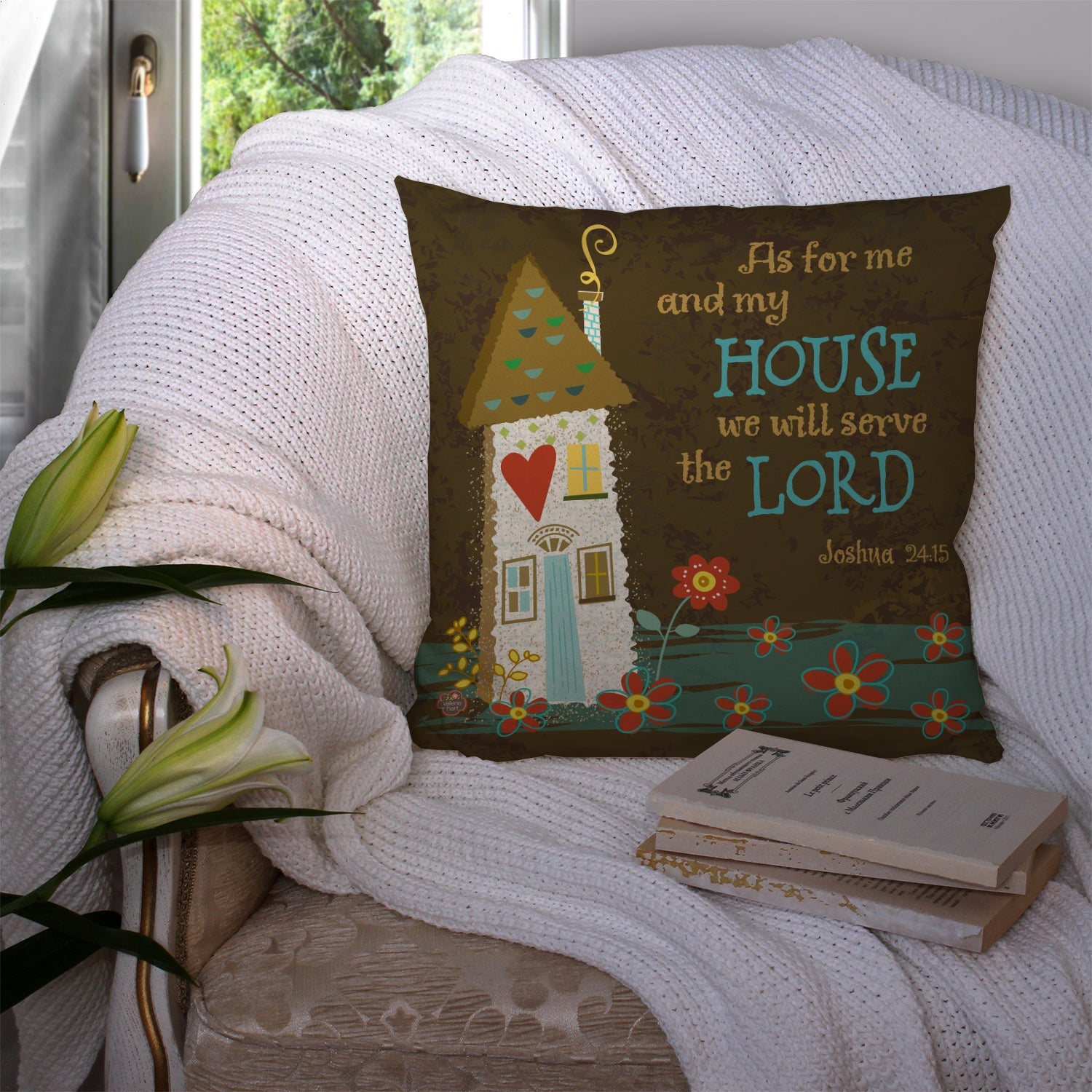 As For Me And My House Decorative Throw Pillow 14x14 Indoor Outdoor Accent Cushion, Fabric Cover with Insert for Sofa, Bed, Porch & Living Room