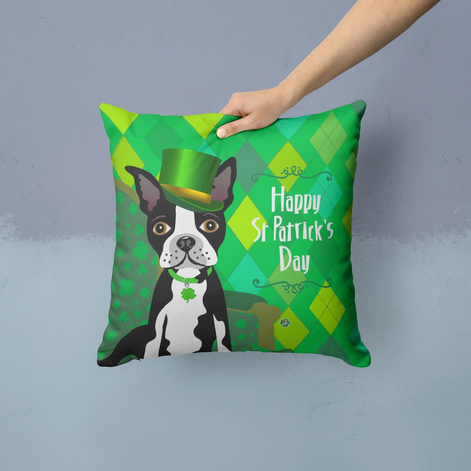 St Patrick's Day Boston Terrier Decorative Throw Pillow 14x14 Indoor Outdoor Accent Cushion, Fabric Cover with Insert for Sofa, Bed, Porch & Living Room