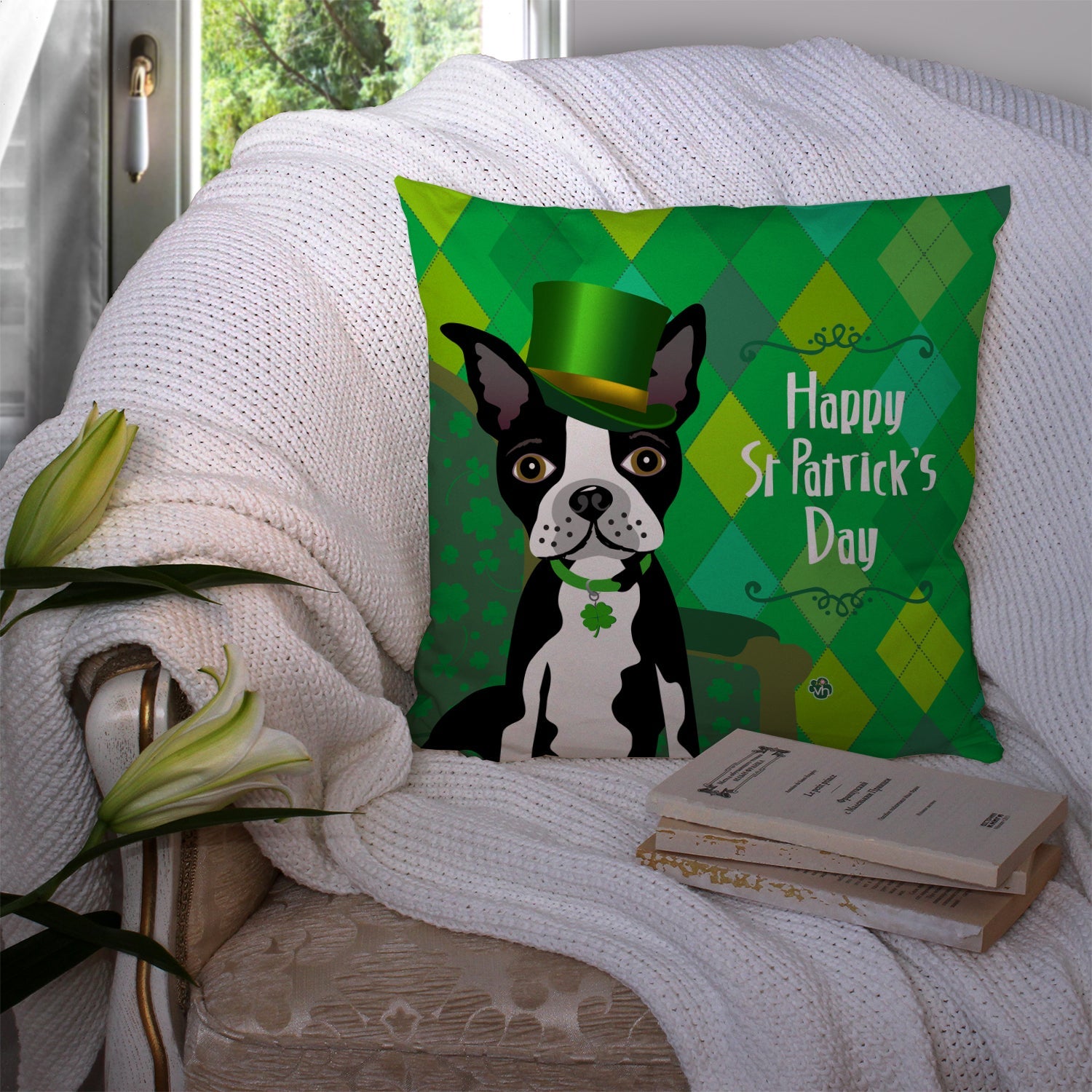 St Patrick's Day Boston Terrier Decorative Throw Pillow 14x14 Indoor Outdoor Accent Cushion, Fabric Cover with Insert for Sofa, Bed, Porch & Living Room