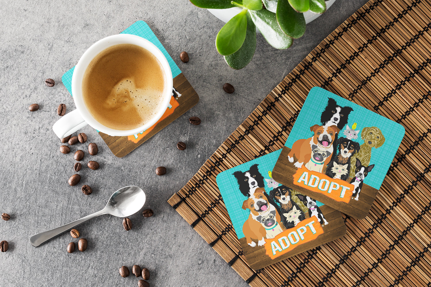 Adopt Pets Adoption Foam Coasters Set of 4 Cup Coasters for Indoor Outdoor, Tabletop Protection, Anti Slip, Mouse pad Material