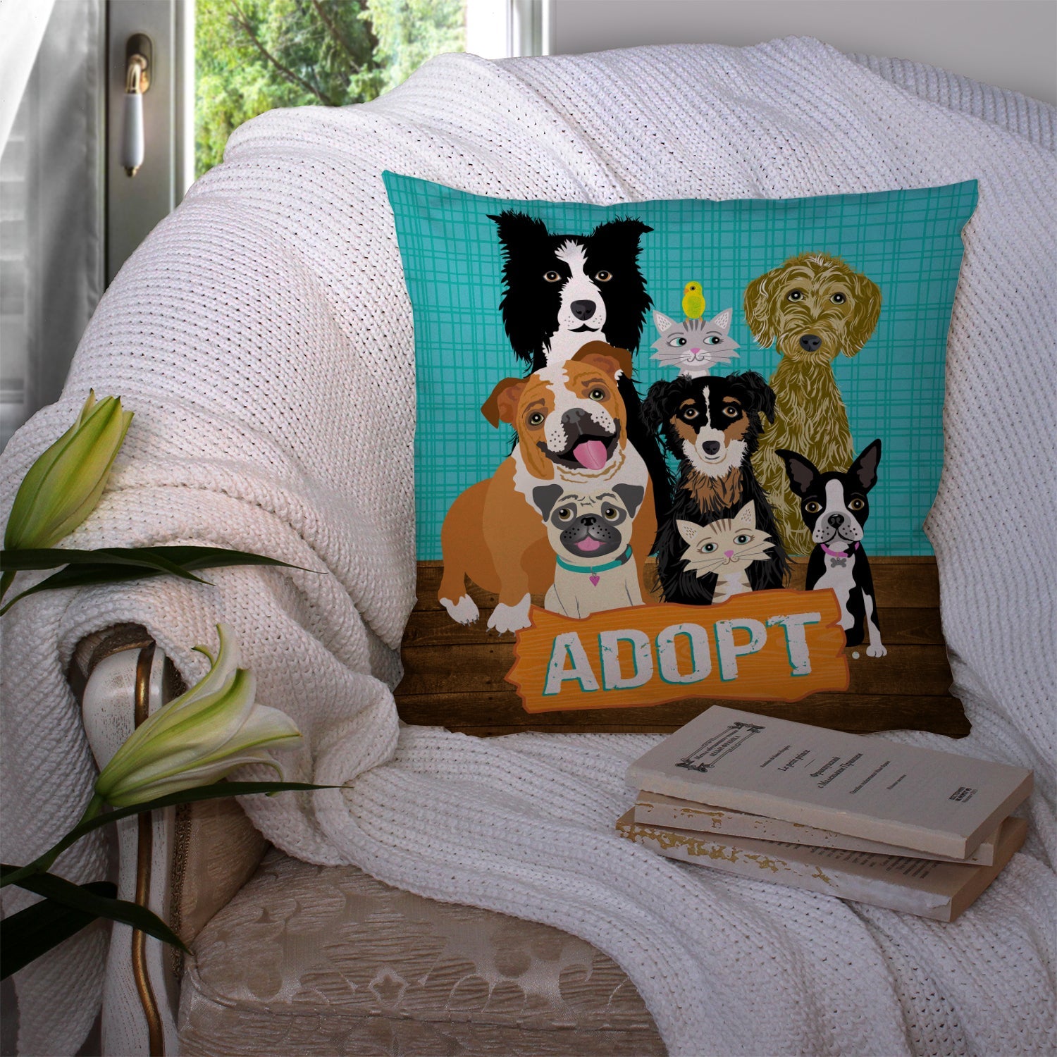 Adopt Pets Adoption Decorative Throw Pillow 14x14 Indoor Outdoor Accent Cushion, Fabric Cover with Insert for Sofa, Bed, Porch & Living Room