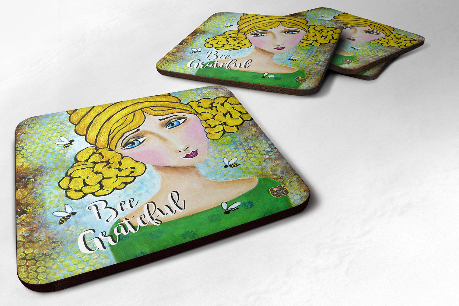 Bee Grateful Girl with Beehive Foam Coasters Set of 4 Cup Coasters for Indoor Outdoor, Tabletop Protection, Anti Slip, Mouse pad Material