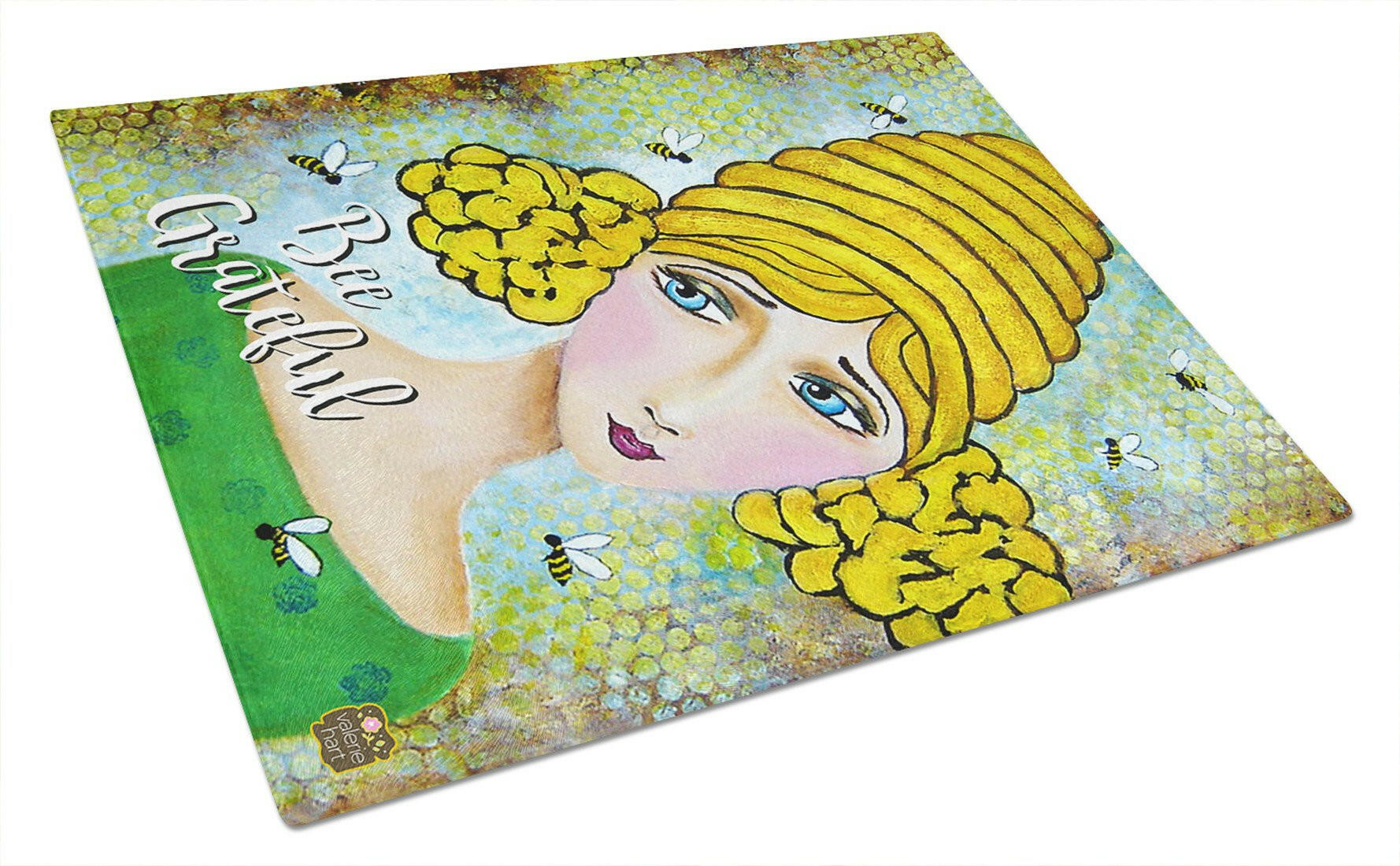 Bee Grateful Girl with Beehive Cutting Board Tempered Glass Kitchen Cutting Surface, Heat Resistant Chopping, Non-Slip Feet, Food Prep & Serving