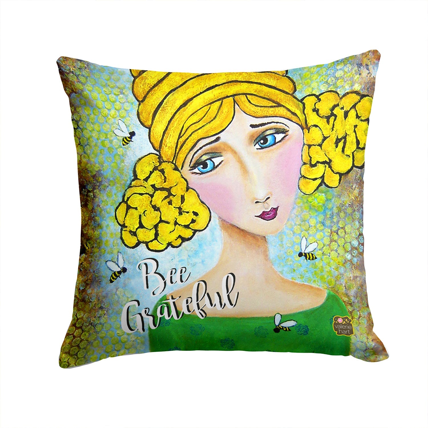 Bee Grateful Girl with Beehive Decorative Throw Pillow 14x14 Indoor Outdoor Accent Cushion, Fabric Cover with Insert for Sofa, Bed, Porch & Living Room