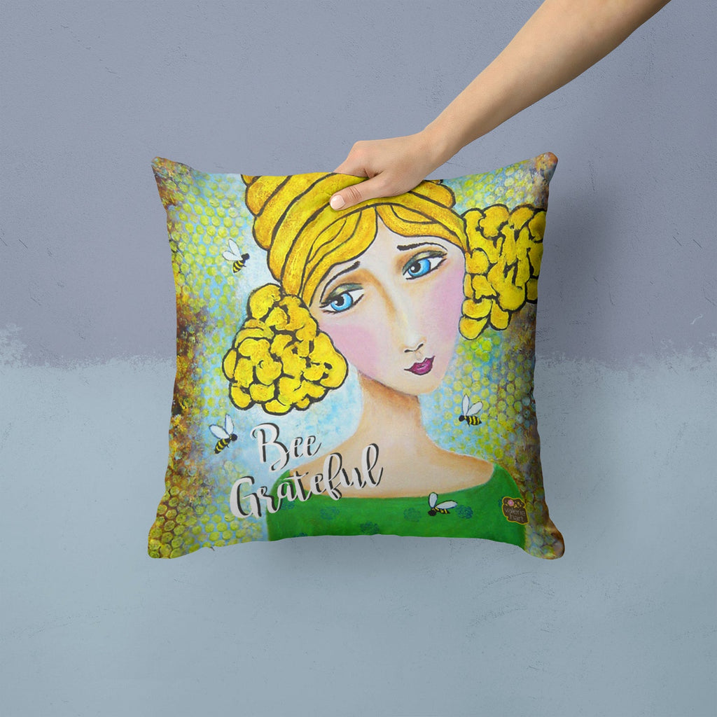 Bee Grateful Girl with Beehive Decorative Throw Pillow 14x14 Indoor Outdoor Accent Cushion, Fabric Cover with Insert for Sofa, Bed, Porch & Living Room
