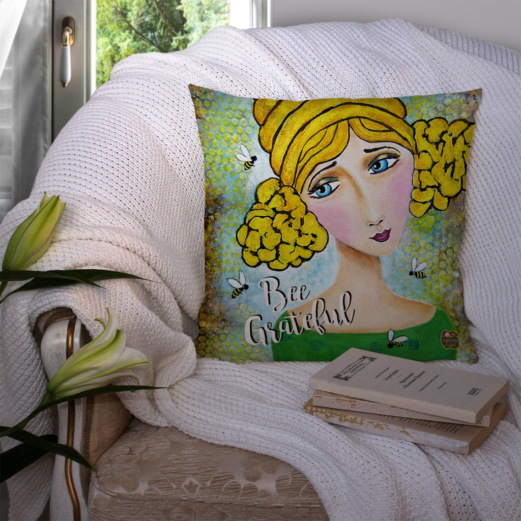 Bee Grateful Girl with Beehive Decorative Throw Pillow 14x14 Indoor Outdoor Accent Cushion, Fabric Cover with Insert for Sofa, Bed, Porch & Living Room