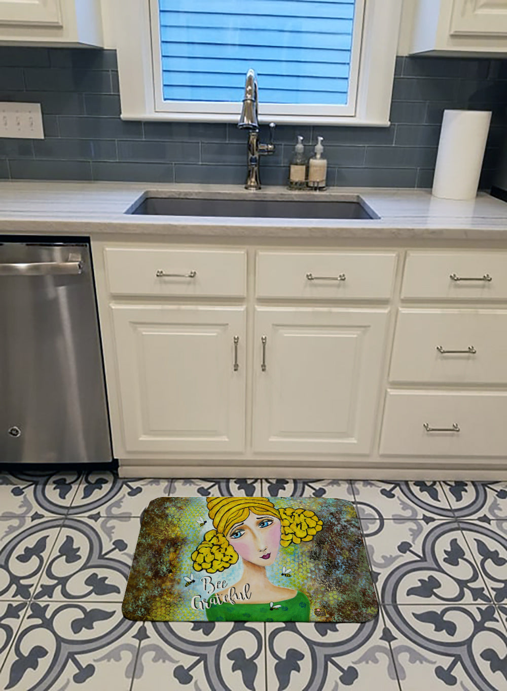 Bee Grateful Girl with Beehive Memory Foam Kitchen Mat Machine Washable Anti-Fatigue Cushion Comfort Bath or Kitchen Rug