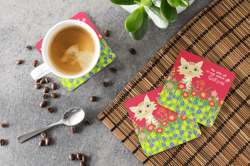 Garden Cat Foam Coasters Set of 4 Cup Coasters for Indoor Outdoor, Tabletop Protection, Anti Slip, Mouse pad Material