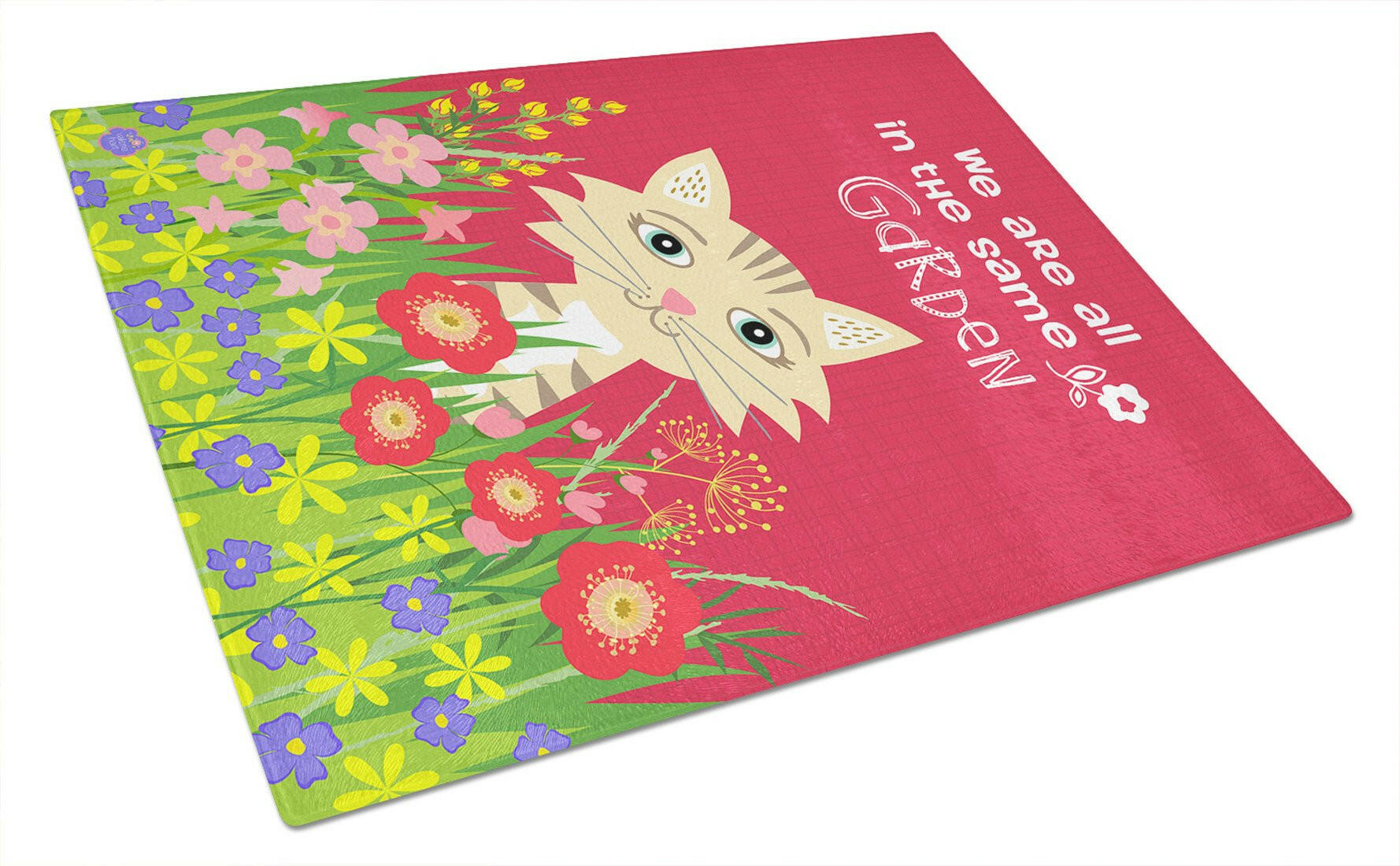 Garden Cat Cutting Board Tempered Glass Kitchen Cutting Surface, Heat Resistant Chopping, Non-Slip Feet, Food Prep & Serving