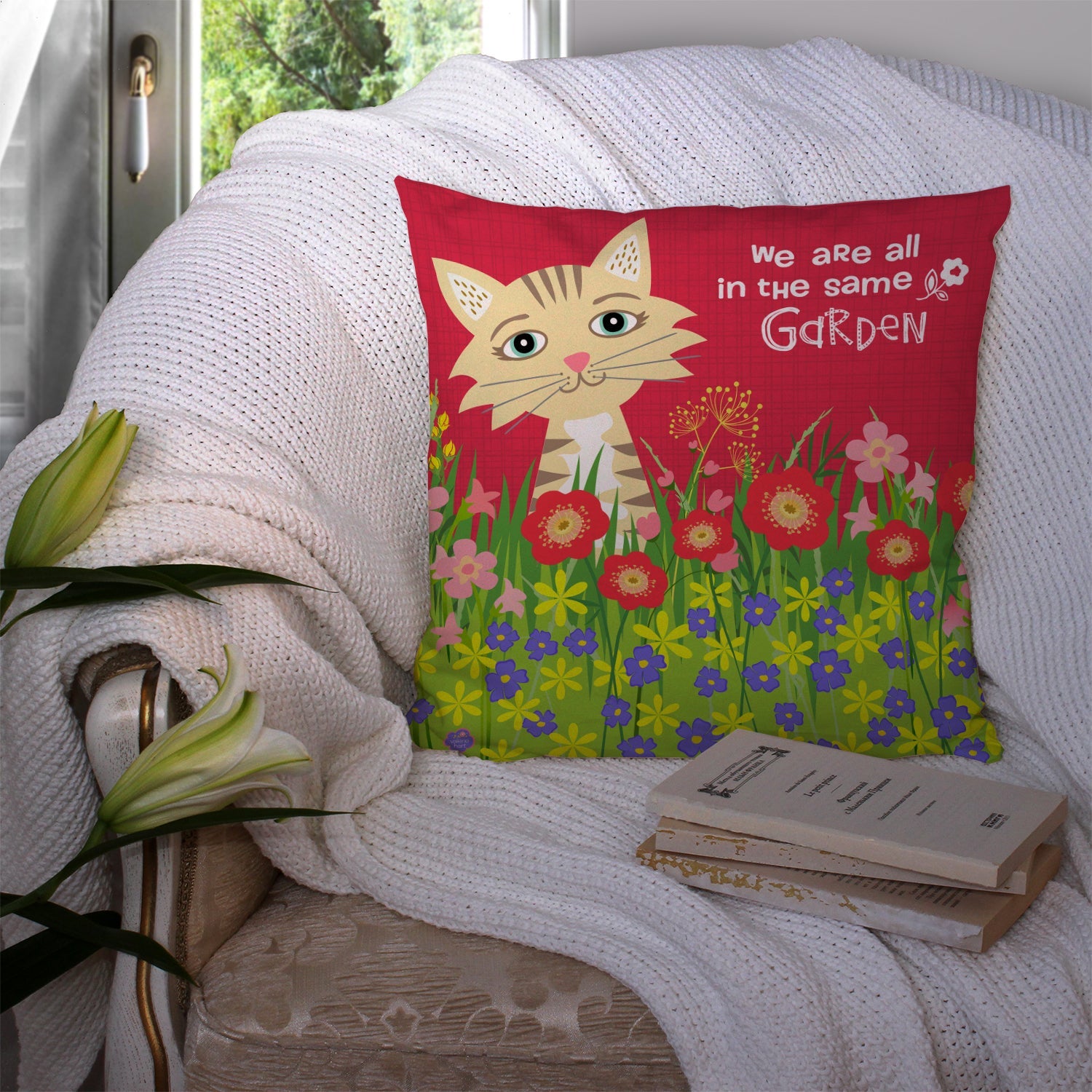 Garden Cat Decorative Throw Pillow 14x14 Indoor Outdoor Accent Cushion, Fabric Cover with Insert for Sofa, Bed, Porch & Living Room