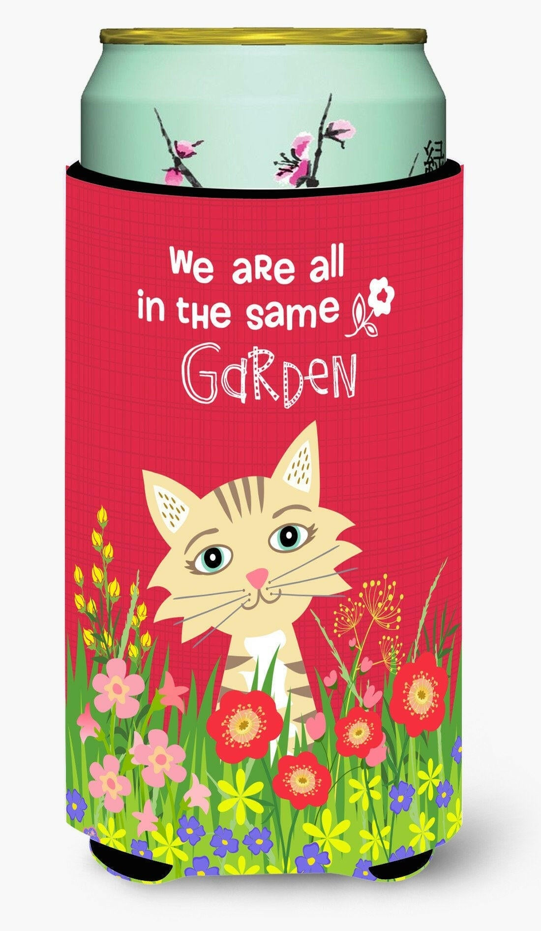 Garden Cat Tall Boy Hugger Can Cooler Sleeve Machine Washable Drink Collapsible Insulator Beverage Insulated Holder