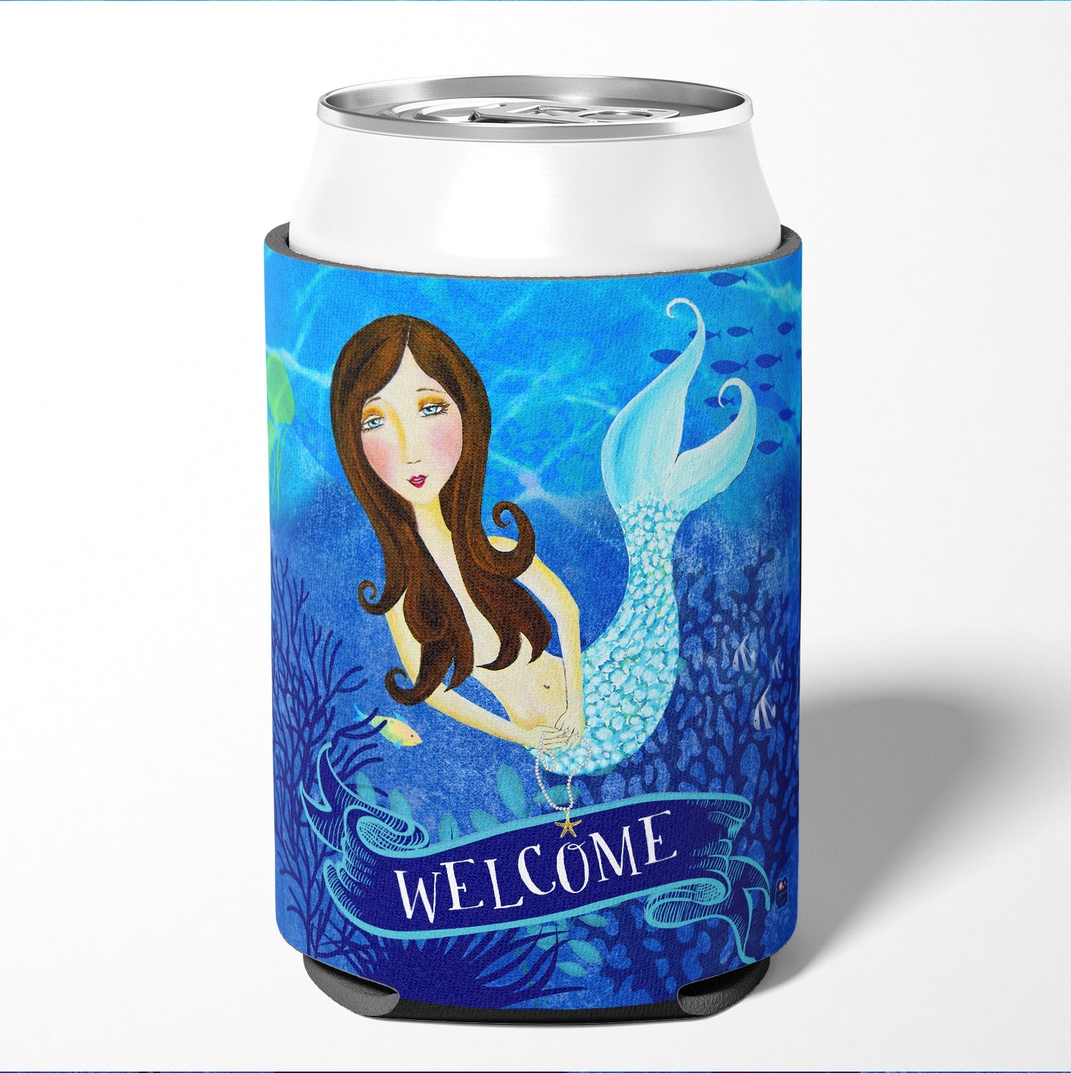 Welcome Mermaid Can or Bottle Hugger Cooler Sleeve for Standard 12 oz Cans, Insulated Foam Beer & Soda Can Hugger Reusable