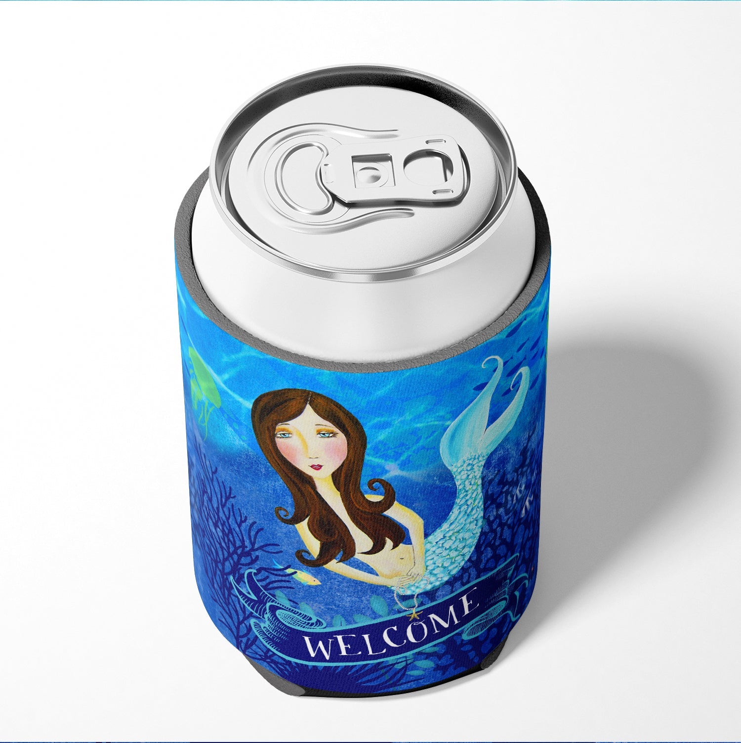Welcome Mermaid Can or Bottle Hugger Cooler Sleeve for Standard 12 oz Cans, Insulated Foam Beer & Soda Can Hugger Reusable