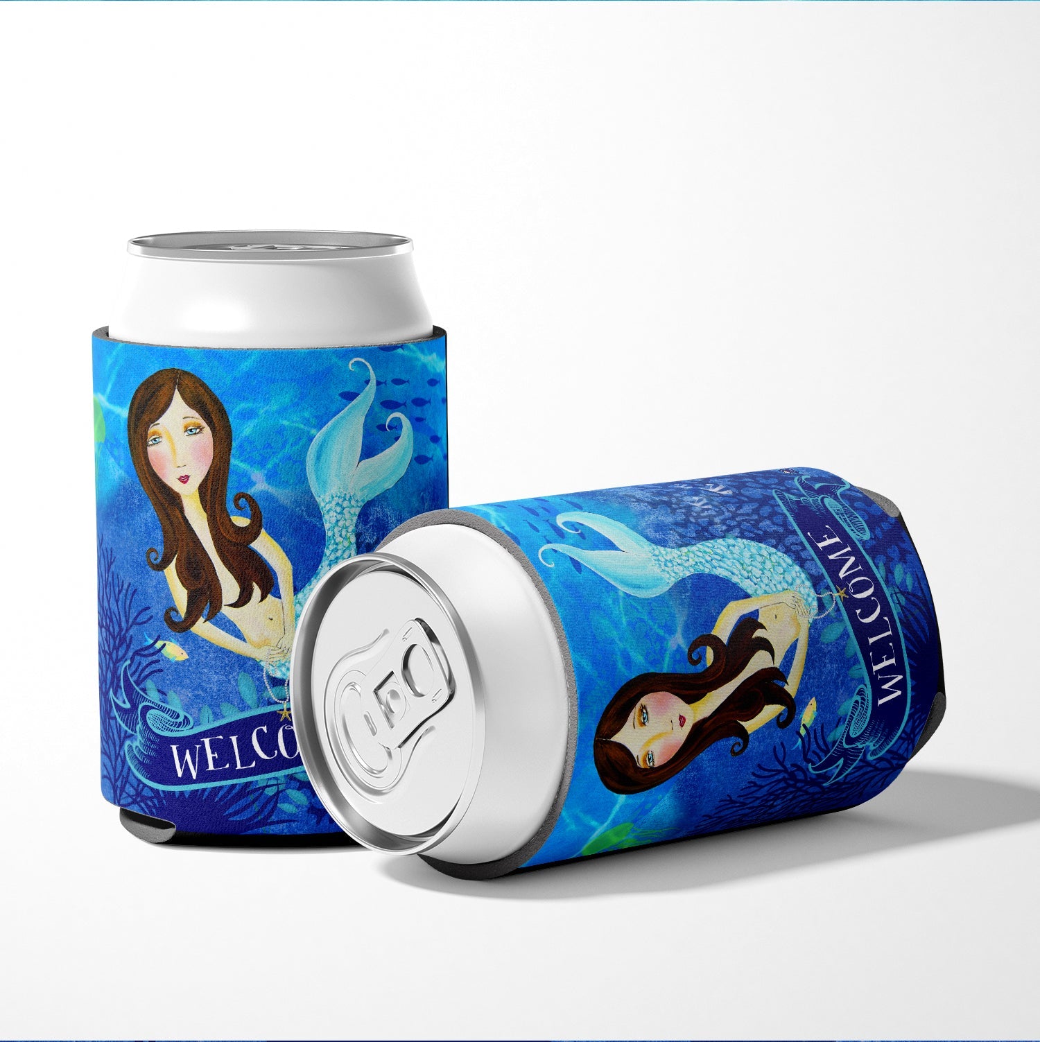Welcome Mermaid Can or Bottle Hugger Cooler Sleeve for Standard 12 oz Cans, Insulated Foam Beer & Soda Can Hugger Reusable