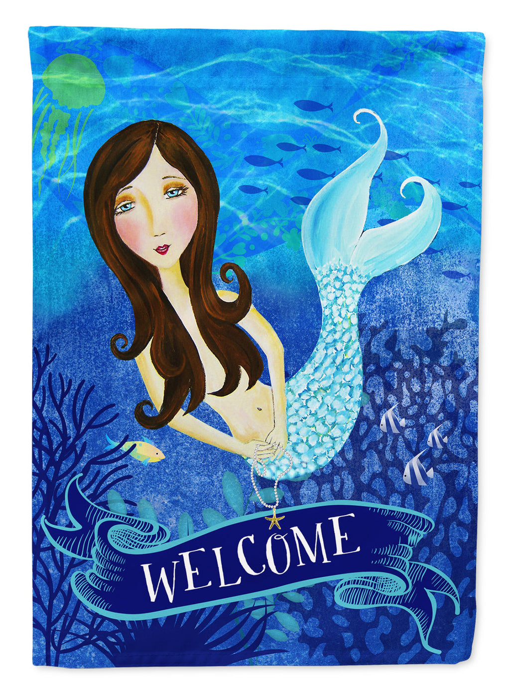 Welcome Mermaid House Flag 28x40 Porch Sleeve Pole Decorative Outside Yard Banner Artwork Wall Hanging, Polyester