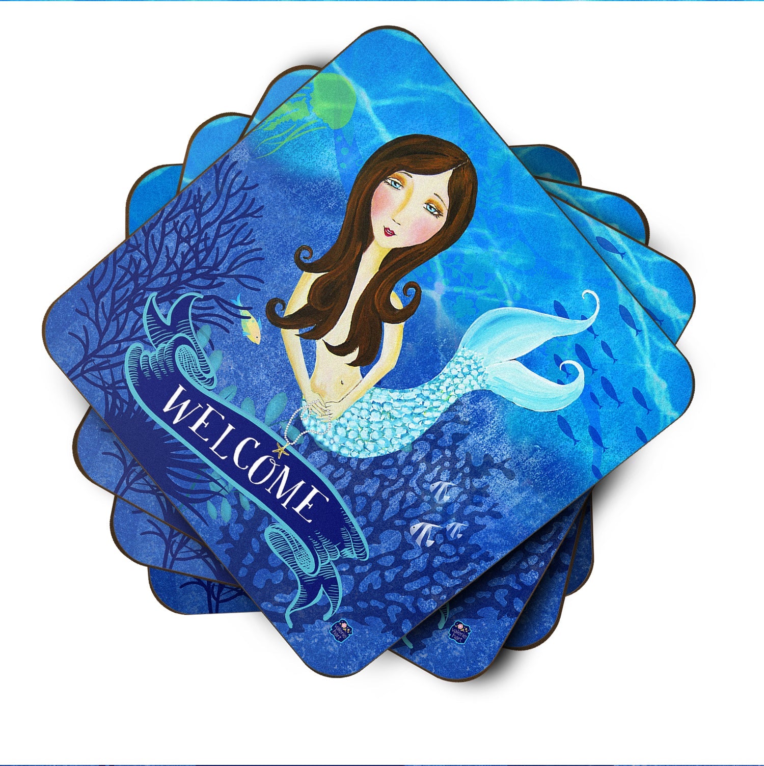 Welcome Mermaid Foam Coasters Set of 4 Cup Coasters for Indoor Outdoor, Tabletop Protection, Anti Slip, Mouse pad Material