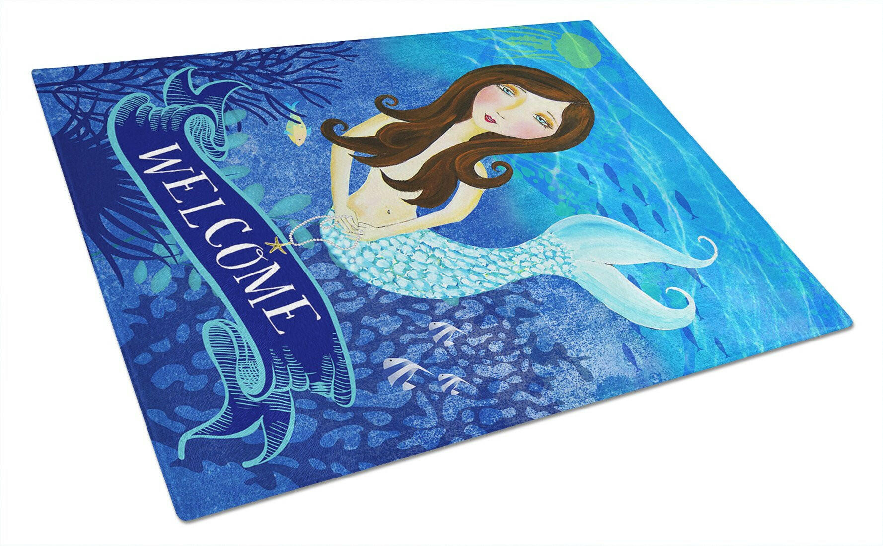 Welcome Mermaid Cutting Board Tempered Glass Kitchen Cutting Surface, Heat Resistant Chopping, Non-Slip Feet, Food Prep & Serving