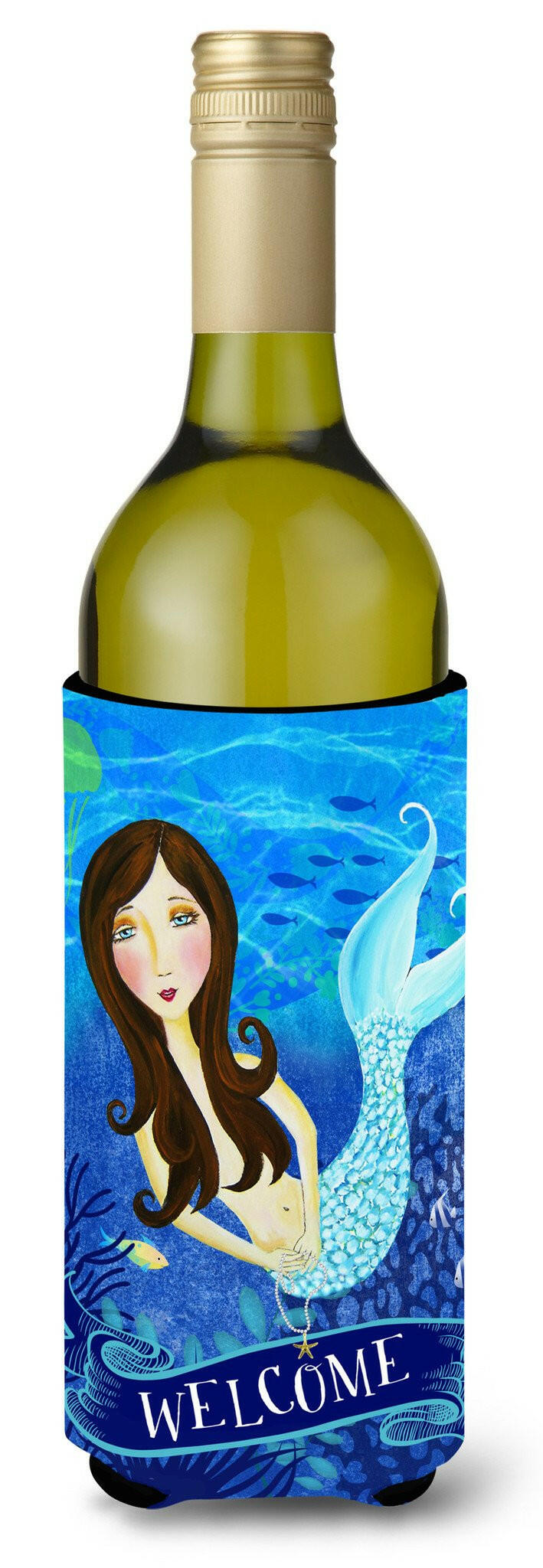 Welcome Mermaid Wine Bottle Hugger Gift Sleeve for Standard 750 ml Bottles, Insulated Reusable Also Fits Mini Shot & Pint Bottles