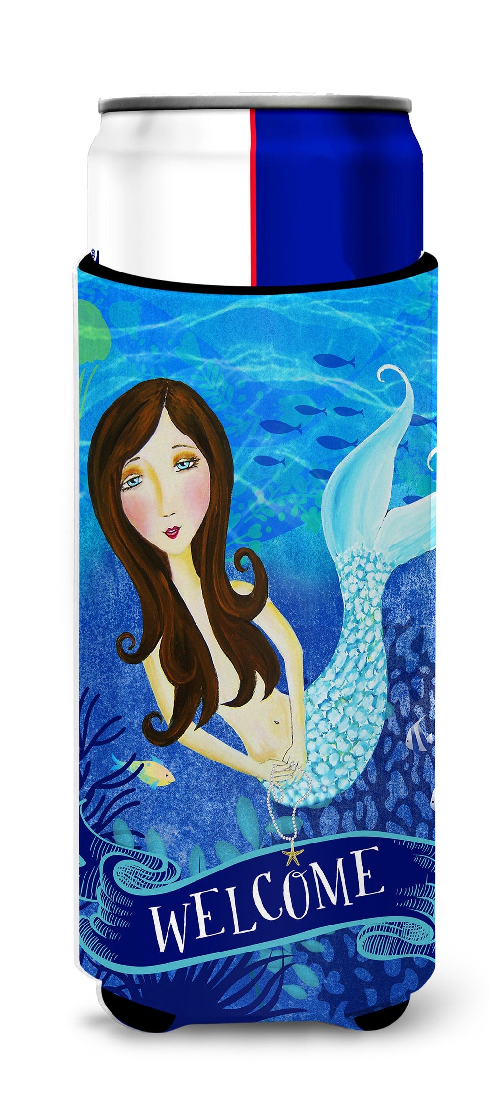 Welcome Mermaid Slim Can Hugger , Insulated Foam Hugger for 12 oz Slim Cans, Beer Bottles & Water Bottles, Printed in USA