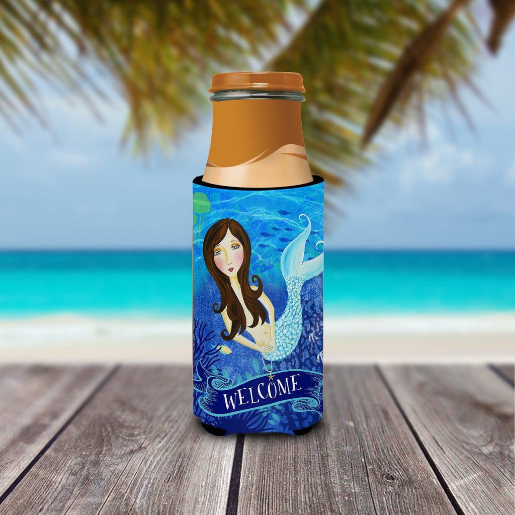 Welcome Mermaid Slim Can Hugger , Insulated Foam Hugger for 12 oz Slim Cans, Beer Bottles & Water Bottles, Printed in USA