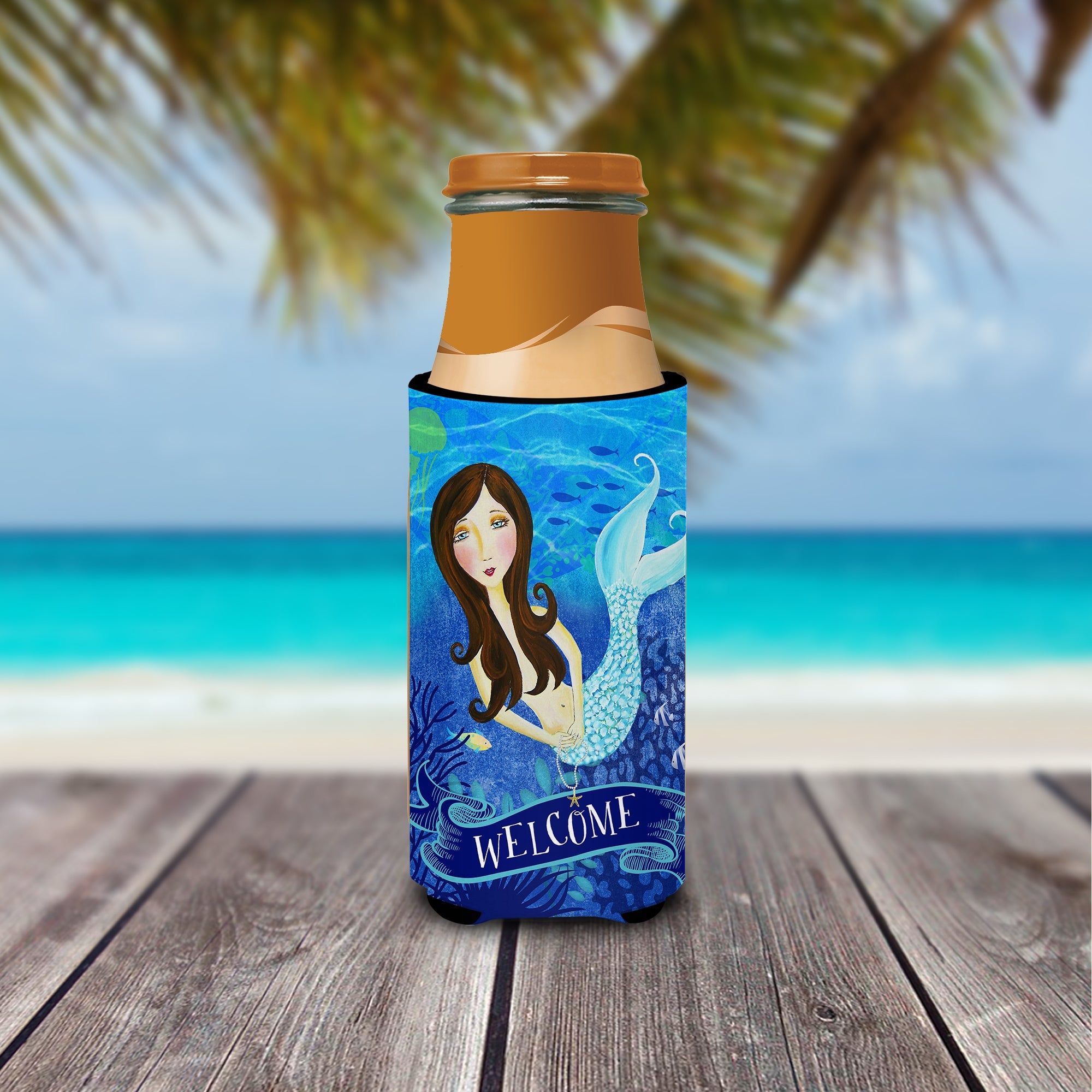 Welcome Mermaid Slim Can Hugger , Insulated Foam Hugger for 12 oz Slim Cans, Beer Bottles & Water Bottles, Printed in USA