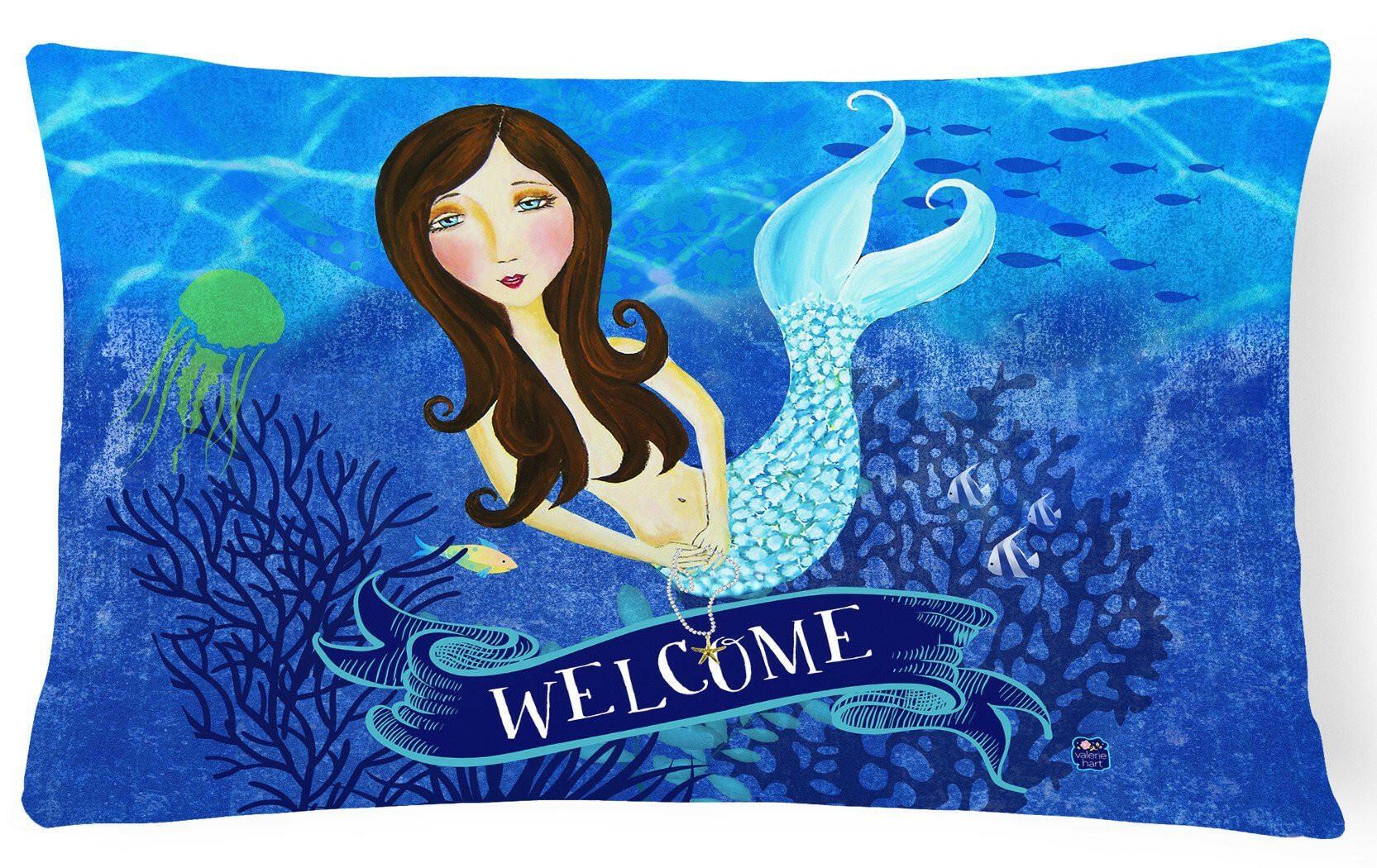 Welcome Mermaid Decorative Throw Pillow 12x16 Indoor Outdoor Accent Cushion, Fabric Cover with Insert for Sofa, Bed, Porch & Living Room