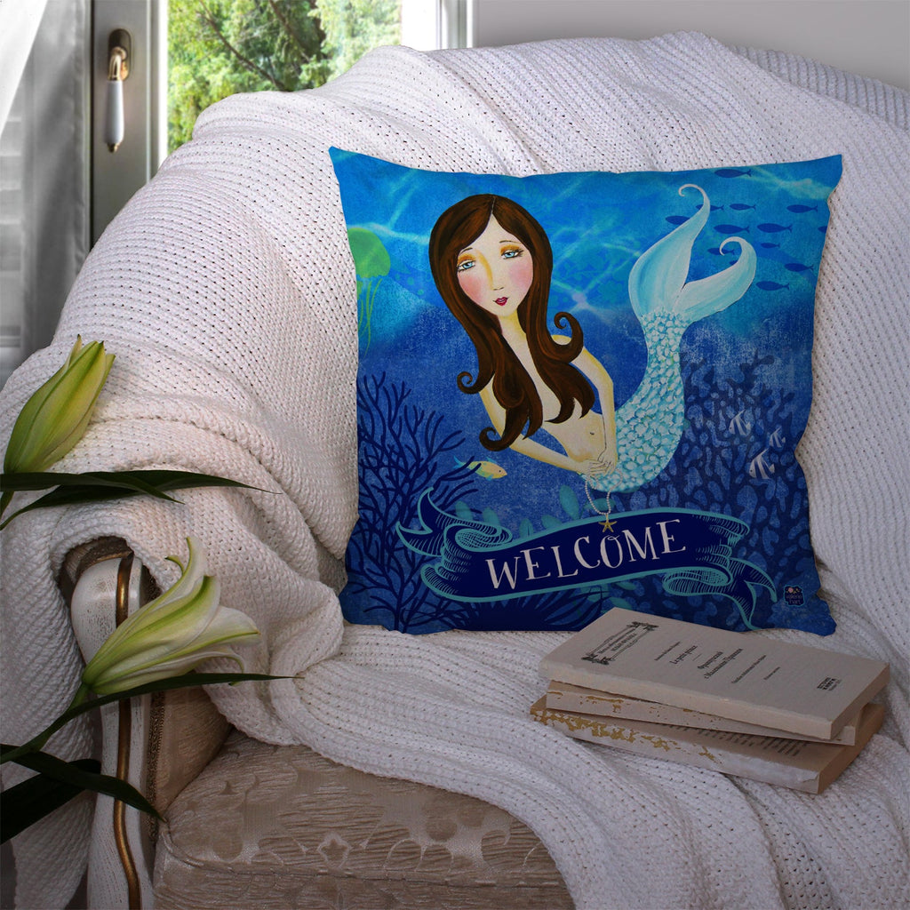 Welcome Mermaid Decorative Throw Pillow 14x14 Indoor Outdoor Accent Cushion, Fabric Cover with Insert for Sofa, Bed, Porch & Living Room