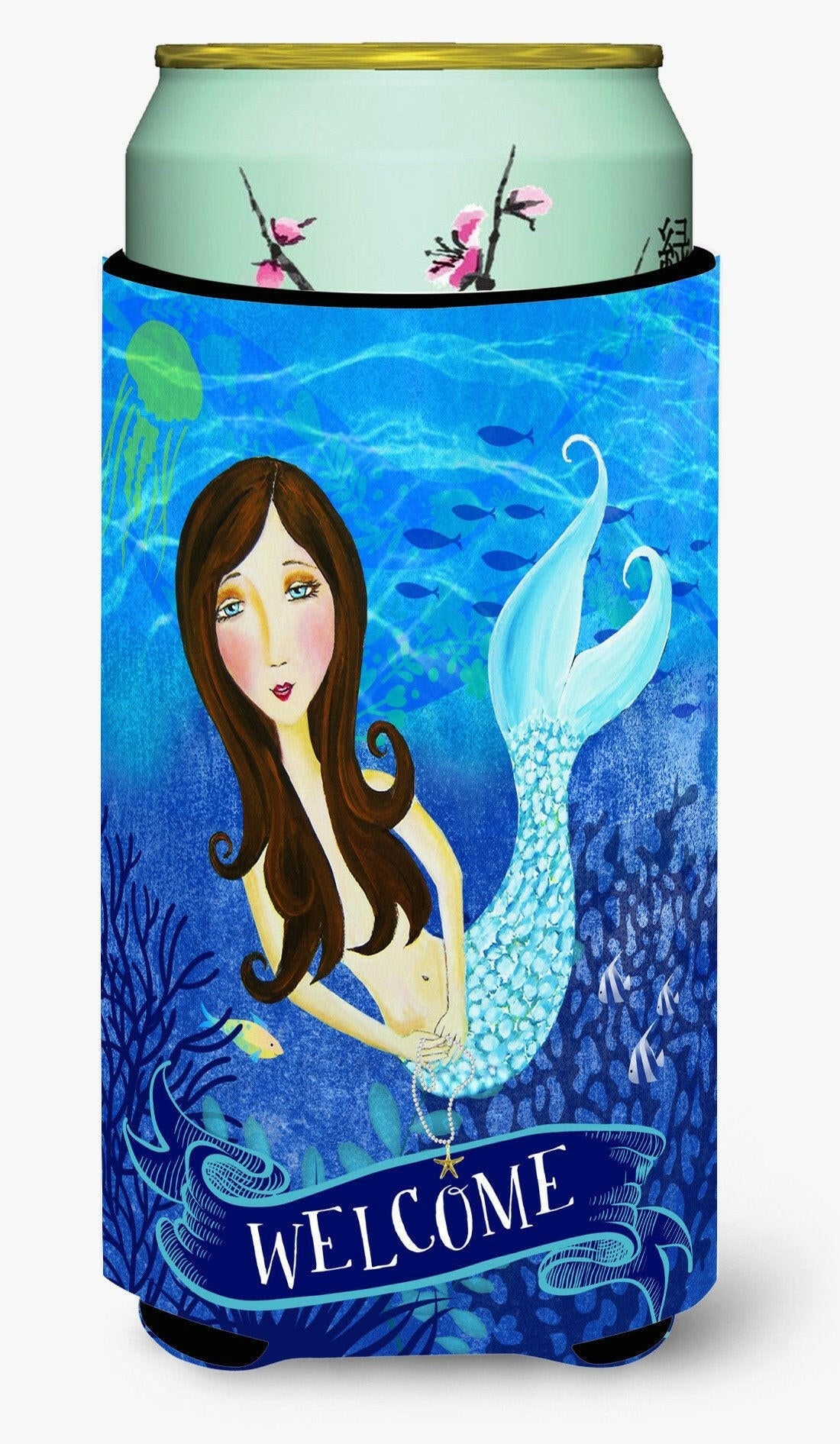 Welcome Mermaid Tall Boy Hugger Can Cooler Sleeve Machine Washable Drink Collapsible Insulator Beverage Insulated Holder