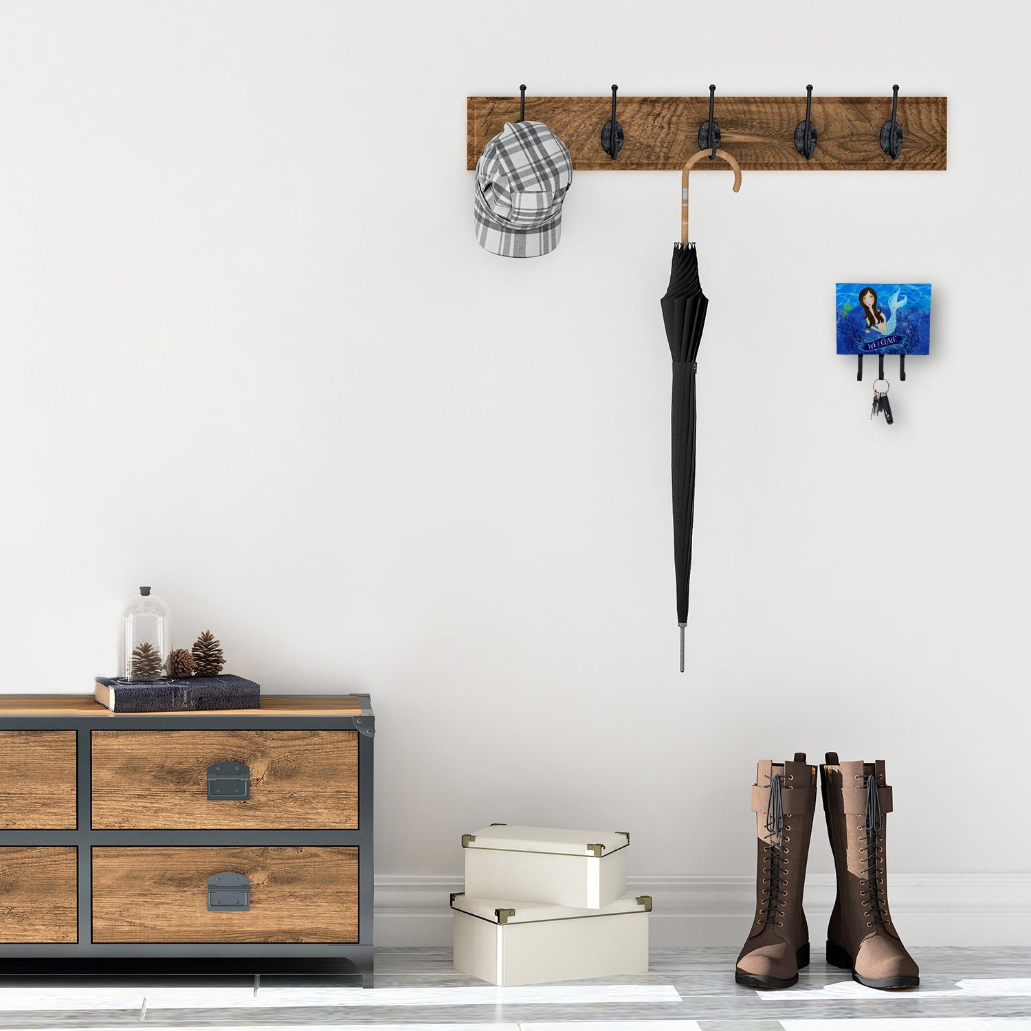 Welcome Mermaid Leash or Key Holder Wall Hooks, Coat Rack Wall Mount, for Hanging Keys, Towels, Aprons, Leashes